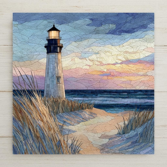 Lighthouse Ceramic Tile Wall Art – Stained Glass Style Coastal Decor, Beach Lighthouse Wall Decor Home Decor Gift