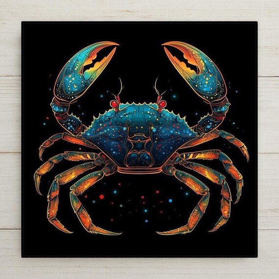 Vibrant Cancer Zodiac Crab Ceramic Tile: Neon Astrology Wall Art & Celestial Home Decor Gift