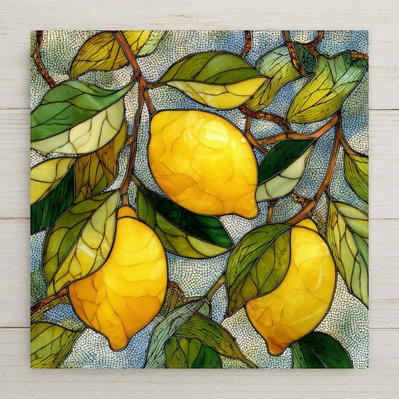 Lemon Branch Ceramic Tile Wall Art – Stained Glass Style Kitchen Decor, Mediterranean Fruit Artwork, Bright Yellow Home Decor Gift