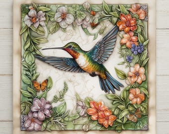 Hummingbird Floral Wreath Wall Art Ceramic Tile Garden Gift Stained Glass Style Decor Bird Art Hummingbird Gift Tile