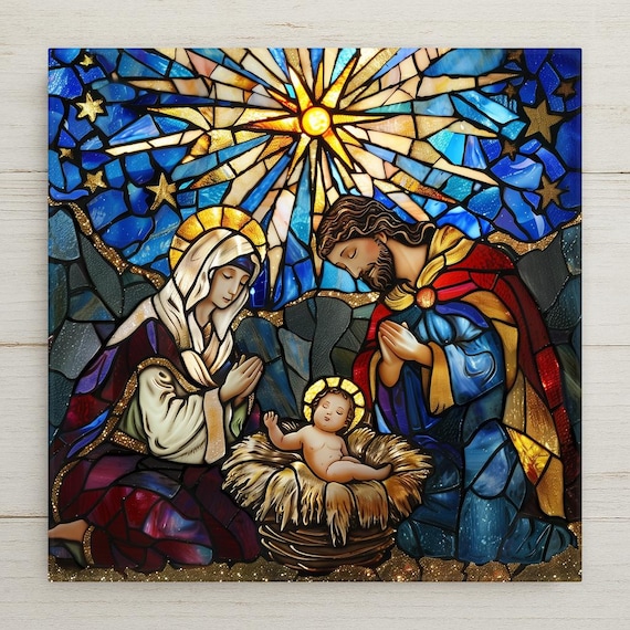 Handcrafted Stained Glass Nativity Ceramic Tile Art: Holy Family Christmas Decor, Religious Holiday Ornament Home Decor Wall Art