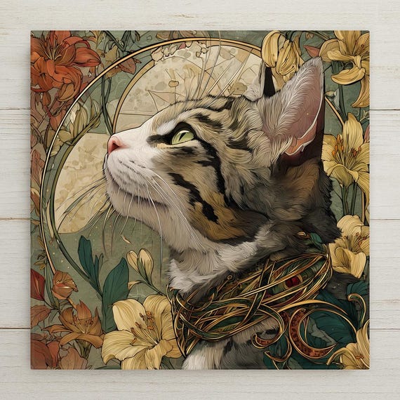 Art Nouveau Cat Wall Ceramic Tile Stained Glass Style Feline Lilies Golden Floral Vintage Decor Whimsical Pet Lover Gift Accent