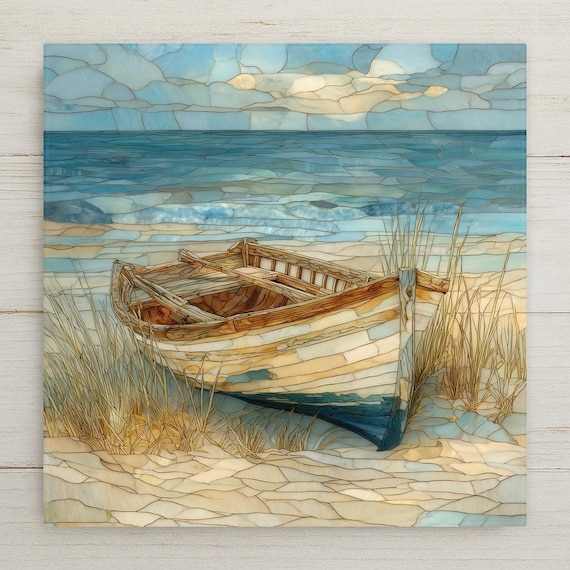 Coastal Rowboat Ceramic Tile Wall Art – Stained Glass Beach Scene, Nautical Home Decor, Ocean Cottage Wall Decor
