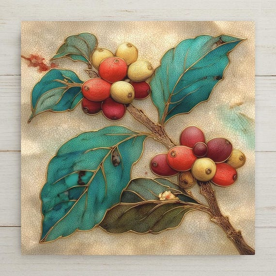 Coffee Plant Wall Art Ceramic Tile Stained Glass Style Coffee Lover Gift Botanical Art Decor Nature Gift for Her