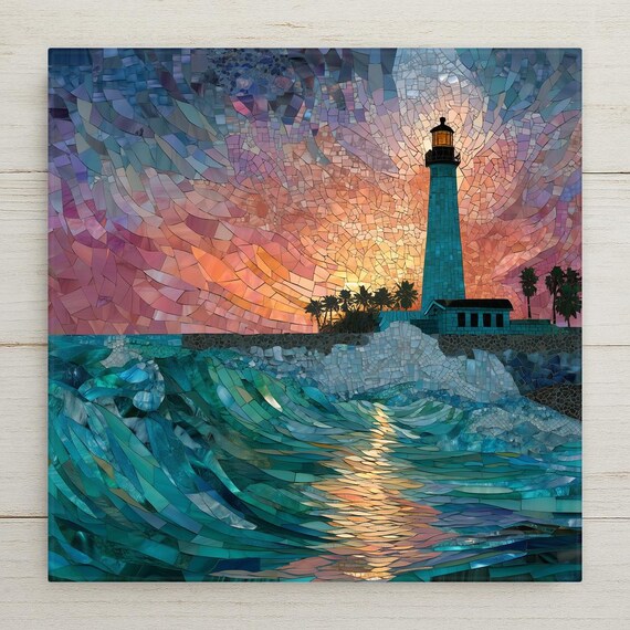 Key West Lighthouse Mosaic Wall Art – Coastal Stained Glass Style Ceramic Tile, Sunset Ocean Waves Decor, Tropical Beach House Gift