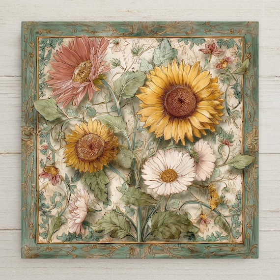 Sunflower Ceramic Tile Wall Art: Rustic Farmhouse Garden Decor