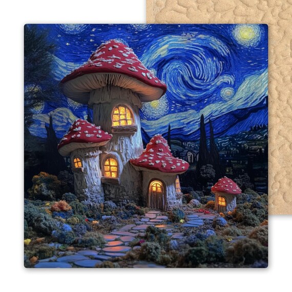 Whimsical Mushroom Village Ceramic Tile - Starry Night Fantasy Art - Cottagecore Fairycore Decor Gift