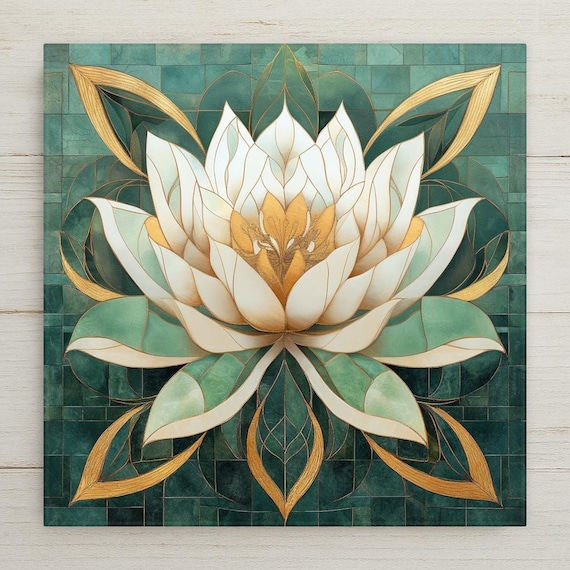 Art Nouveau Lotus Flower Ceramic Tile: Jade Green & Gold Decor