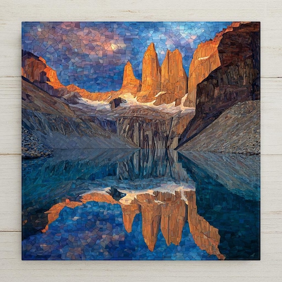 Emerald Alpine Lake Ceramic Tile Wall Art – Torres del Paine Patagonia Peaks Reflection, Mountain Landscape Wall Decor, Nature Home Decor