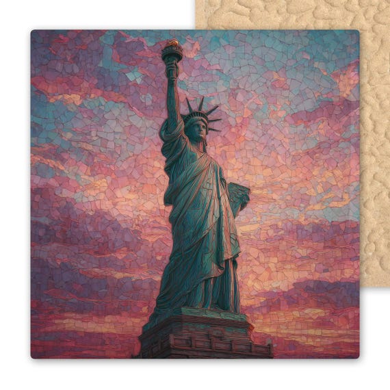 Statue of Liberty Wall Art Ceramic Tile Stained Glass Style NYC Skyline Patriotic Home Décor American Landmark Gift