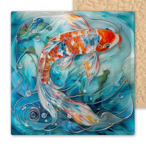 Vibrant Koi Fish Ceramic Tile - Japanese Wall Art for Zen Bathroom Decor or Handmade Asian-Inspired Gift