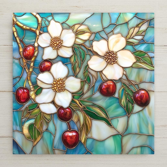 Stained Glass Look Cherry Tree Ceramic Tile - Botanical Kitchen Decor