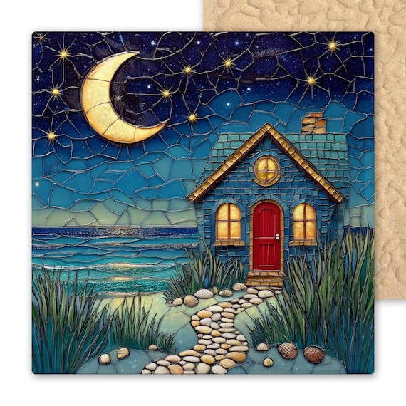Stained Glass Moonlit Beach Cottage Tile - Coastal Wall Art, Ocean Home Decor, Nautical Gift