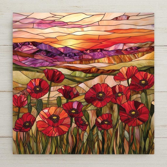 Vibrant Red Poppy Sunset Ceramic Tile - Stained Glass Landscape Wall Art for Nature Lovers
