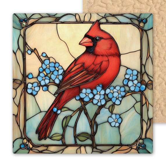 Red Cardinal Ceramic Tile Art, Cardinal and Forget Me Nots, Sympathy Gift, Memorial Wall Art, Stained Glass Style Home Decor Tile