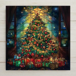 Stained glass–style ceramic tile featuring a glowing Christmas tree with ornaments, star, and wrapped gifts. While it may look like stained glass or mosaic, this is a permanent print on tile home decor. Printed with premium inks for lasting vivid color. Optional add-ons include a tile wall hanger, easel tile stand, or cork backing. Perfect for holiday wall art, festive home décor, or meaningful Christmas gifts.