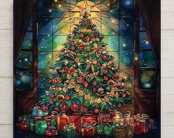 Christmas Tree Ceramic Tile Wall Art Stained Glass Style Faith Decor Christian Holiday Home Bookshelf Art