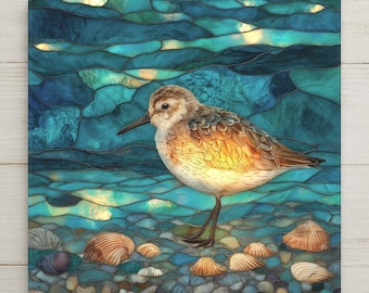 Azulejo cerámico decorativo de pared con diseño de correlimos, estilo vidriera costera, decoración playera, aves de la costa oceánica, hogar náutico.