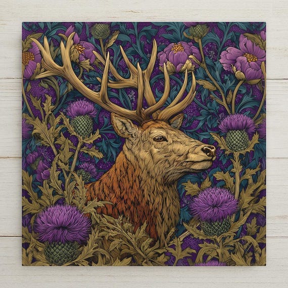 Scottish Stag Wall Art Ceramic Tile – Highland Deer Rustic Farmhouse Decor, Thistle Botanical Wall Decor, Cottagecore Home Decor