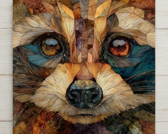 May include: A square wall art print featuring a stylized, close-up portrait of a raccoon face. The image is composed of intricate, layered textures in shades of amber, brown, teal, and charcoal, creating a mosaic-like effect with fine lines.