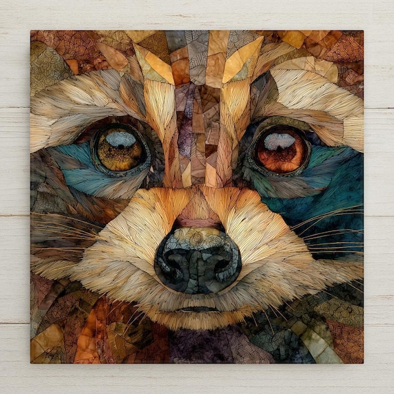 Raccoon Ceramic Tile Woodland Animal Wall Art Stained Glass Style Nature Inspired Rustic Cabin Decor Wildlife Portrait Decorative Tile