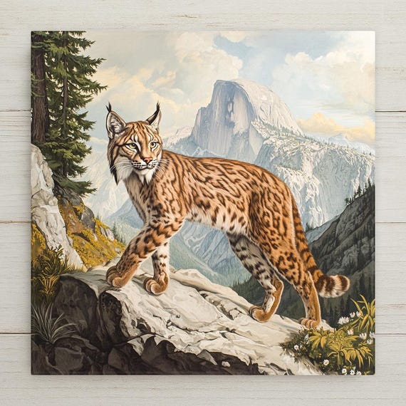 Audubon-Inspired Lynx Ceramic Tile: Rustic Wildlife Wall Art for Nature Enthusiasts