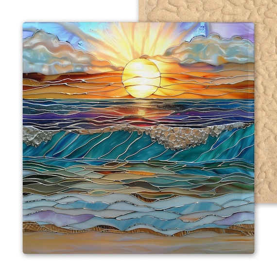 Sunset Ocean Waves Ceramic Tile Art: Amber & Turquoise Stained Glass Style Coastal Wall Decor
