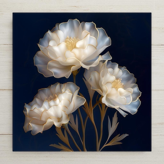 White Carnation Wall Art Ceramic Tile – Stained Glass Floral Decor, Elegant Ivory Botanical Home Decor, Classic Blue Wall Decor