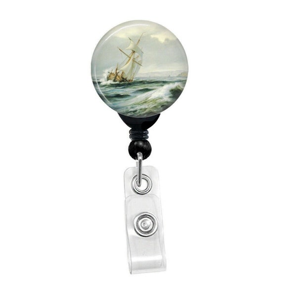 Anton Melbye Seascape With Sailing Ship In Rough Waters Reel Holder ID Card Name lanyard Tag Retractable Badge Holder