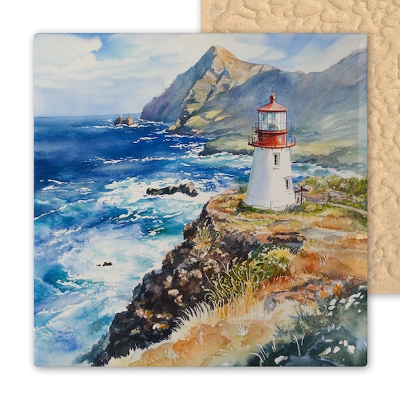 Makapu'u Point Lighthouse Watercolor Ceramic Tile - Hawaiian Coastal Nautical Beach House Wall Decor