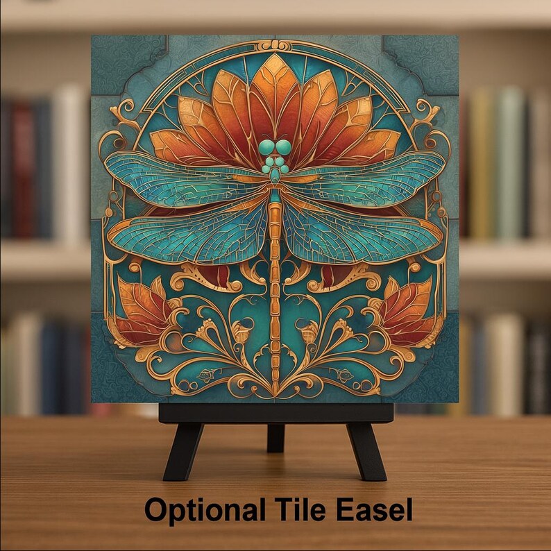 May include: A square decorative tile featuring a central dragonfly with intricate teal wings and a gold body, positioned against a stylized orange flower and teal background. The tile is displayed on a black stand with the text Optional Tile Easel.