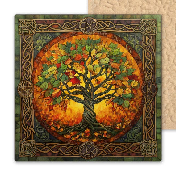Celtic Tree of Life Ceramic Tile: Autumn Pagan Wall Art, Greenman Knotwork, Spiritual Nature Gift