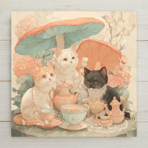 Kitten Tea Party Wall Art Ceramic Tile Cottagecore Cat Decor Garden Party Gift Cat Tile