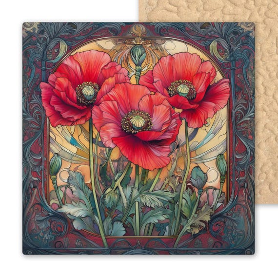 Art Nouveau Red Poppies Ceramic Tile Wall Decor - Handmade Vintage Floral Botanical Home Decoration