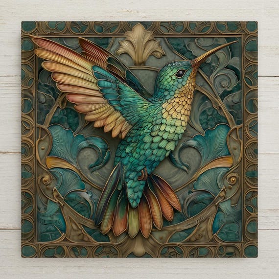 Hummingbird Ceramic Tile Wall Art – Art Nouveau Bird Design in Teal and Gold, Nature Home Decor, Botanical Bird Wall Decor
