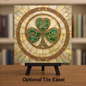 Celtic Shamrock Heritage Wall Art Ceramic Tile – Stained Glass Style, Irish Symbol Home Decor image 3