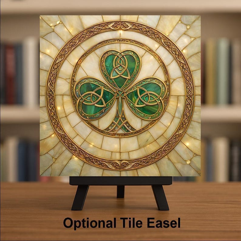 Celtic Shamrock Heritage Wall Art Ceramic Tile – Stained Glass Style, Irish Symbol Home Decor image 3