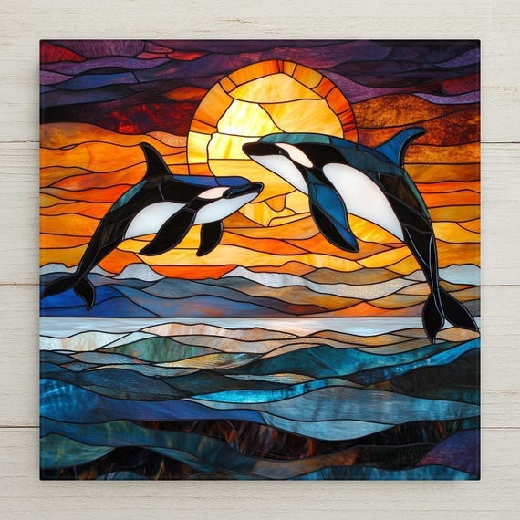 Orca Ceramic Tile Art: Stained Glass Style Sunset Ocean Decor