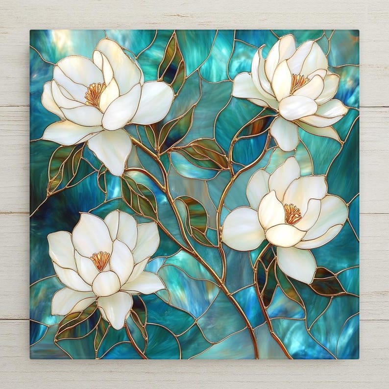 Bring timeless elegance into your home with this luminous stained glass magnolia tile. Four pearl escent white magnolia blooms, outlined in delicate metallic gold, flow gracefully across a rich mosaic of teal, turquoise, and aqua glass. The swirling branches, golden leaves, and intricate line work echo the sophistication of Art Nouveau and Tiffany glass. Perfect for collectors or anyone who loves botanical art with a serene, luxurious touch.