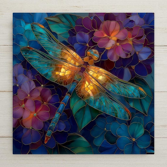 Dragonfly Hydrangea Wall Art Ceramic Tile Stained Glass Style Memorial Sympathy Gift Botanical Nature Decor