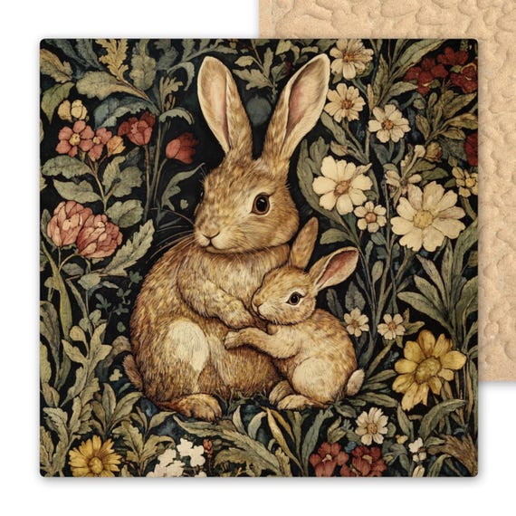 Art Nouveau William Morris Inspired Woodland Bunny Rabbit Lovers Ceramic Tile Wall Decor Vintage Art Style Classic Rabbit with Baby Trivet