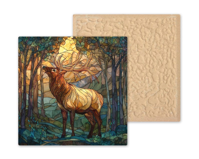 Azulejo de cerámica con diseño de alce para pared, regalo para amantes de la naturaleza, decoración rústica de cabaña, estilo vidriera, arte de la naturaleza, regalo para amantes de los alces. imagen 9