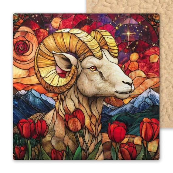 Aries Zodiac Ceramic Tile: Stained Glass Wall Art Decor for March/April Birthday & Astrology Enthusiasts