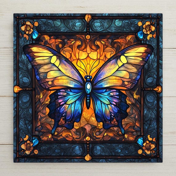 Art Nouveau Butterfly Ceramic Tile: William Morris Inspired Stained Glass Look