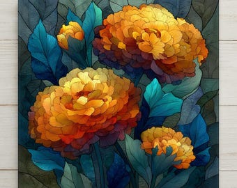 Marigold Wall Art Ceramic Tile October Birthday Gift Birth Month Flower Stained Glass Style Botanical Autumn Art