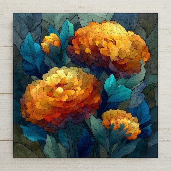 Marigold Wall Art Ceramic Tile October Birthday Gift Birth Month Flower Stained Glass Style Botanical Autumn Art