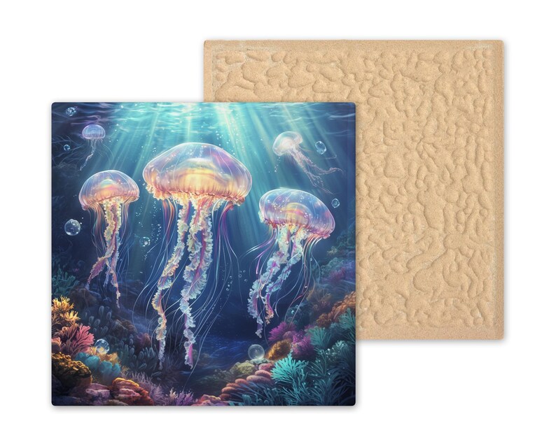 Luminescent Jellyfish Ceramic Tile: Ocean-Inspired Trivet, Wall Art & Bathroom Decor for Coastal Homes image 9