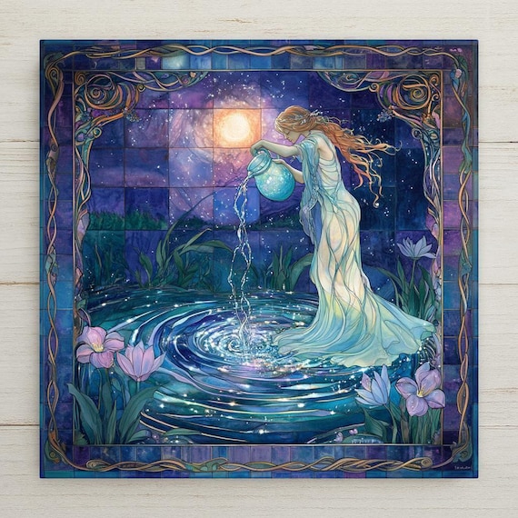 Aquarius Zodiac Ceramic Tile: Stained Glass Wall Art, Astrology Decor, Water Bearer Birthday Gift
