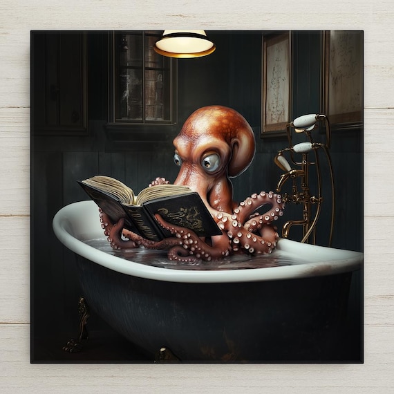 Octopus Reading in Bathtub Ceramic Tile Art: Steampunk Bathroom Decor