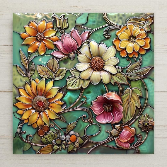 Botanical Garden Floral Art Stained Glass Style Ceramic Tile Home Decor Gift